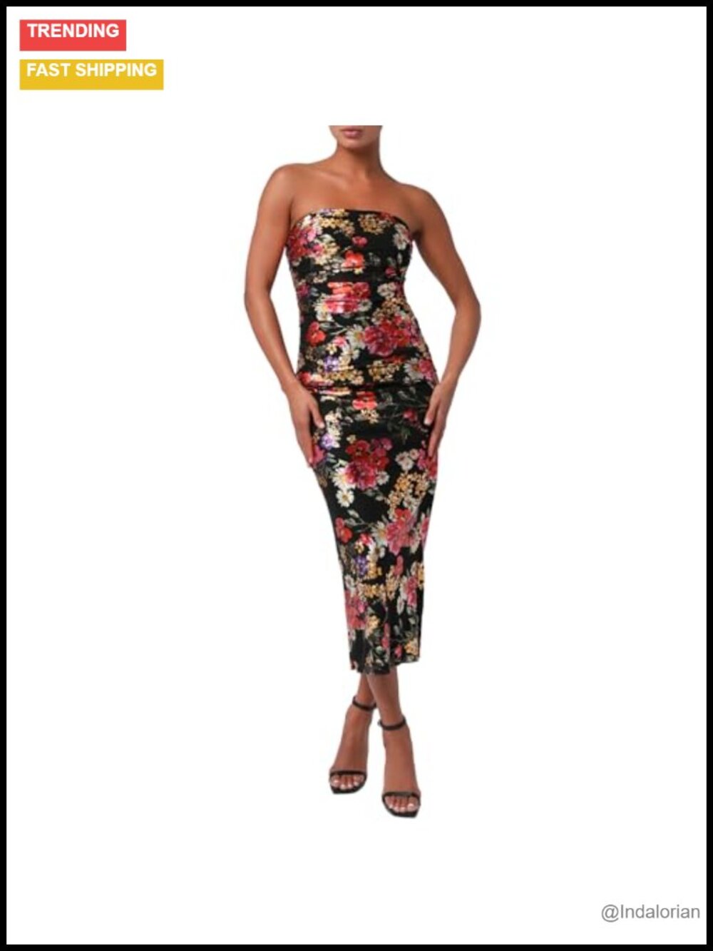 Metallic Floral Mesh Strapless Bodycon Midi Dress